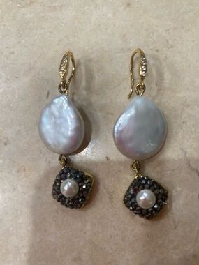 Gold-Tone Freshwater Pearl Drop Earrings with Rhodium, Crystals and Pavé Accents